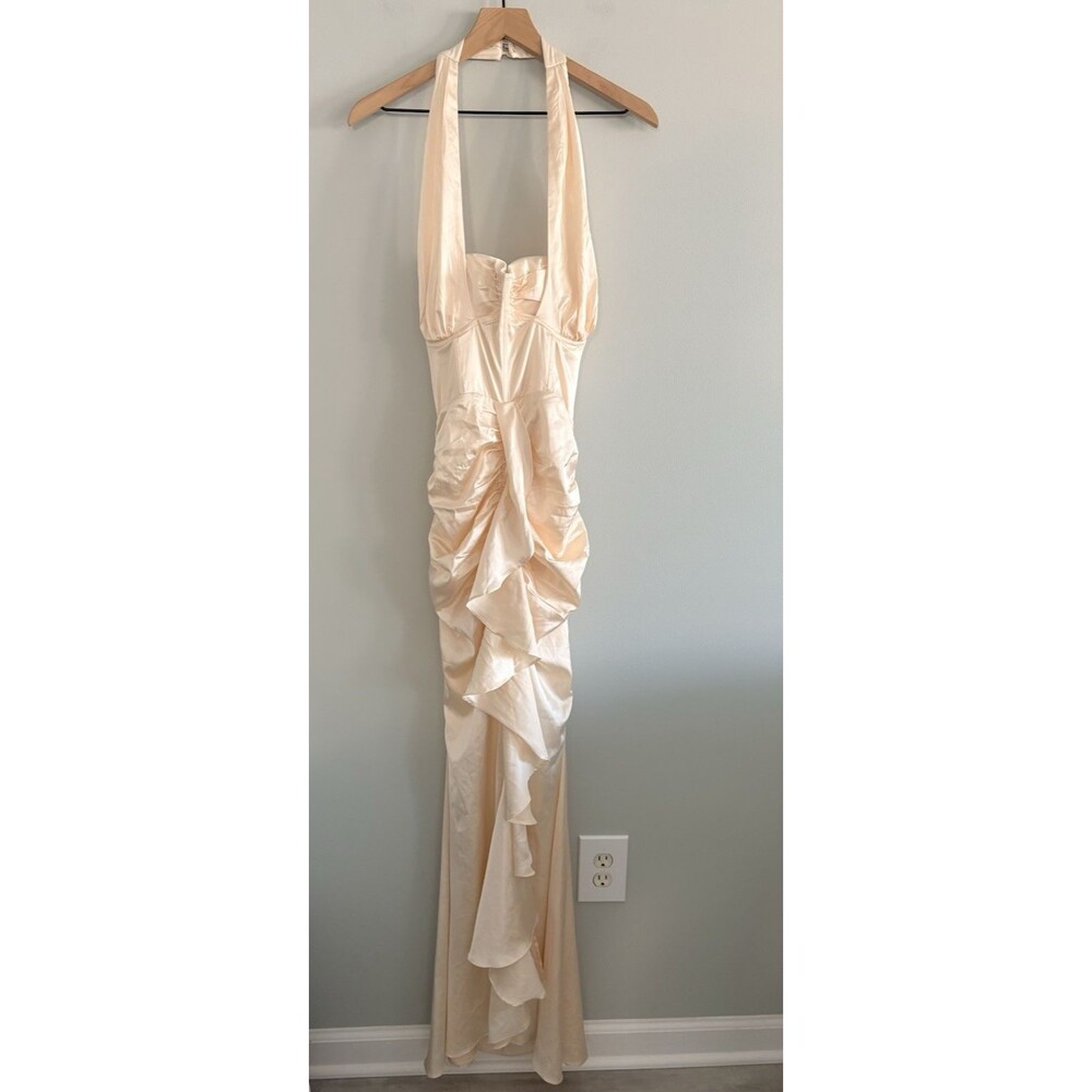 The Sang Dress Halter Maxi Ivory Womens Small Corset Slit Front Ruffle Padded